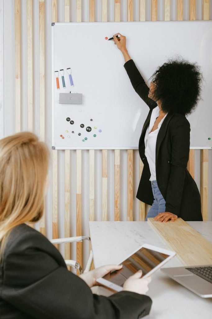 Two women engaged in a business presentation with a whiteboard in a modern office setting.